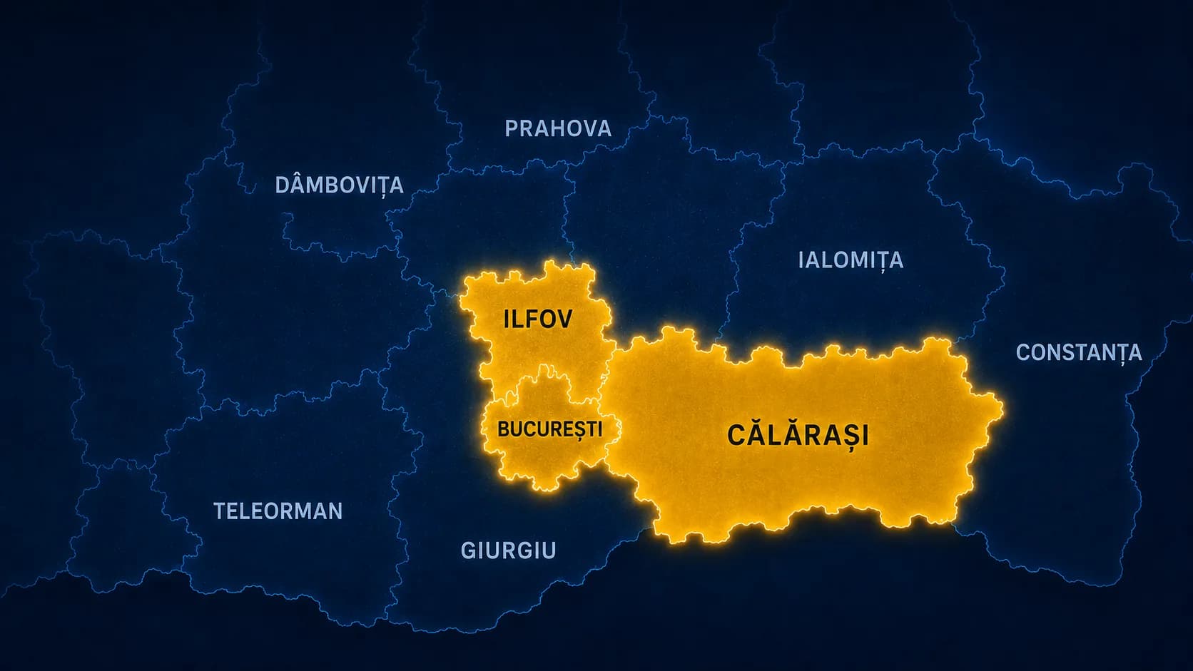Hartă a sud-estului României, cu București, Ilfov și județul Călărași evidențiate în galben — zonele în care lucrează PDC Curățenie.